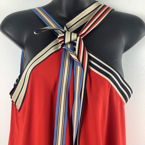 Monse Grosgrain Tie Halter Midi Dress Red Multi - Picture 4 of 7